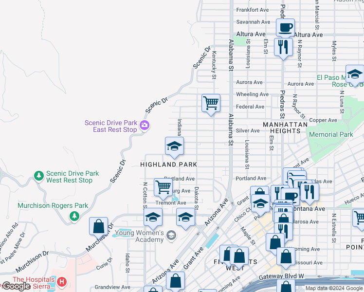 map of restaurants, bars, coffee shops, grocery stores, and more near 2311 San Diego Avenue in El Paso