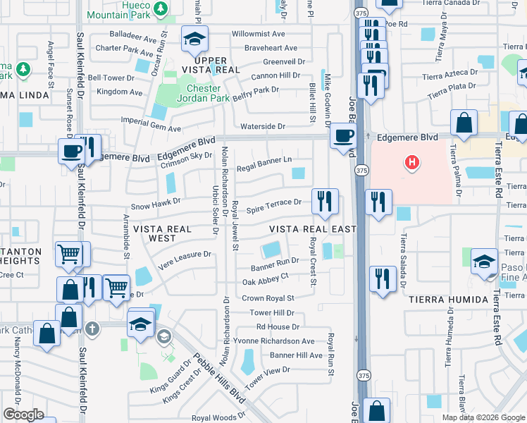 map of restaurants, bars, coffee shops, grocery stores, and more near 11964 Spire Terrace Drive in El Paso