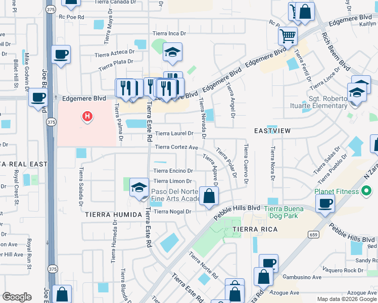 map of restaurants, bars, coffee shops, grocery stores, and more near 3124 Tierra Pino Drive in El Paso