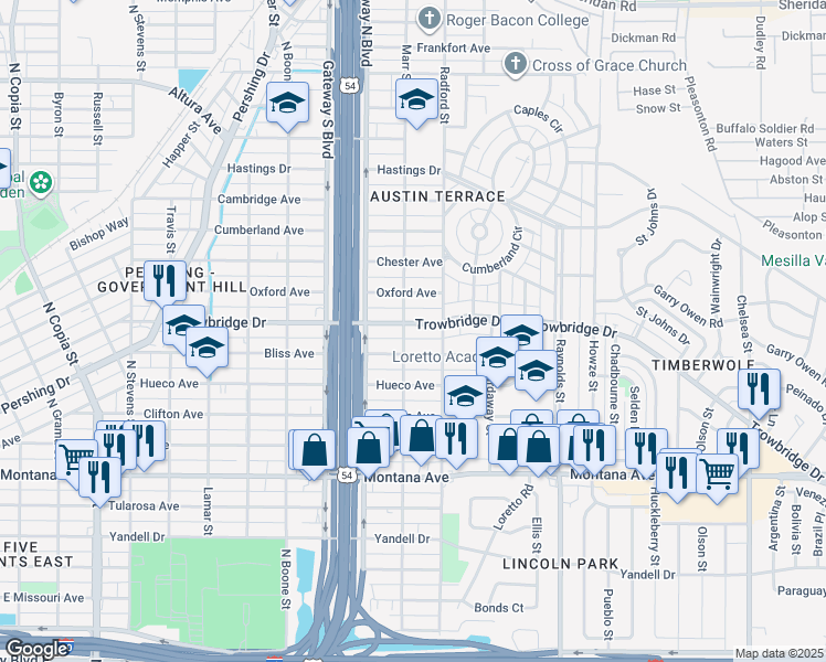 map of restaurants, bars, coffee shops, grocery stores, and more near 4407 Bliss Avenue in El Paso