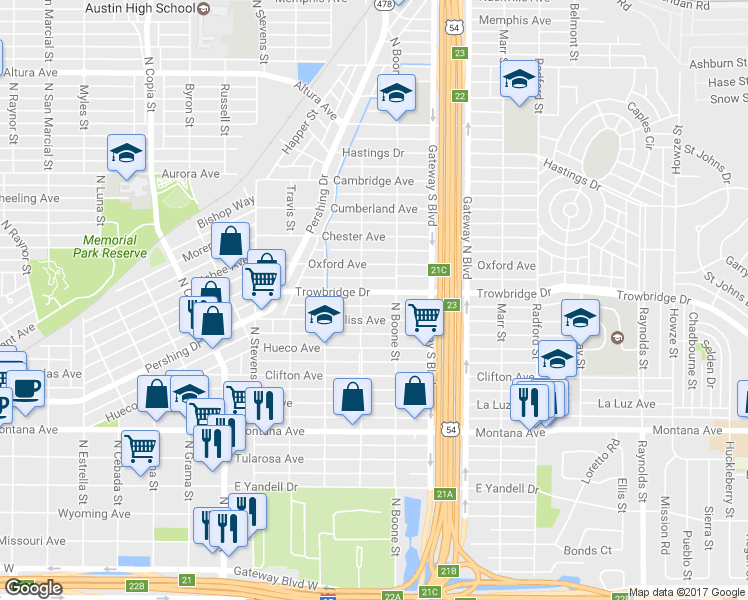 map of restaurants, bars, coffee shops, grocery stores, and more near 4011 Bliss Avenue in El Paso