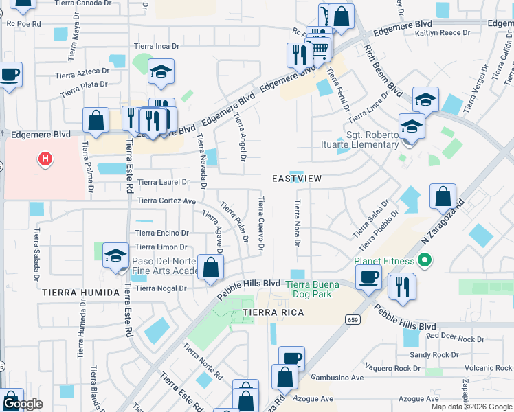 map of restaurants, bars, coffee shops, grocery stores, and more near 3108 Tierra Cuervo Drive in El Paso