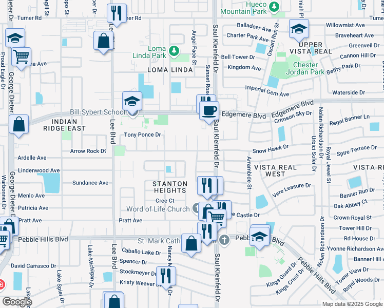 map of restaurants, bars, coffee shops, grocery stores, and more near 3293 Catherine Ann Drive in El Paso