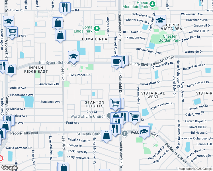 map of restaurants, bars, coffee shops, grocery stores, and more near 3293 Catherine Ann Drive in El Paso