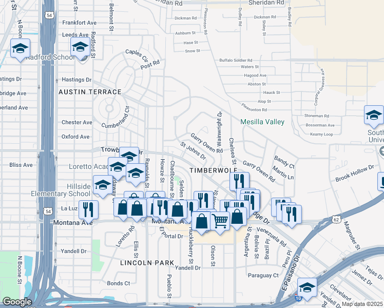 map of restaurants, bars, coffee shops, grocery stores, and more near 5112 Trowbridge Drive in El Paso