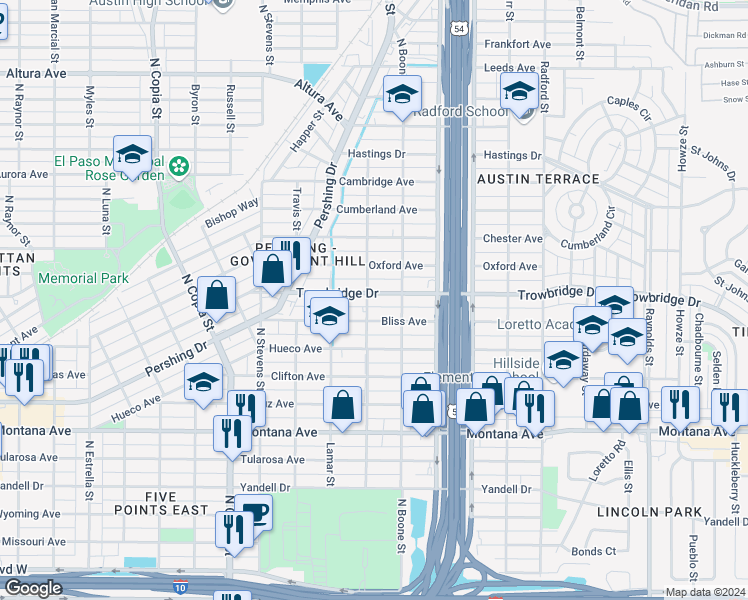 map of restaurants, bars, coffee shops, grocery stores, and more near 4011 Bliss Avenue in El Paso