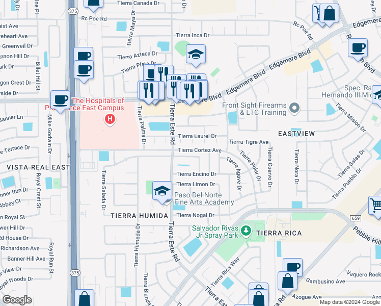 map of restaurants, bars, coffee shops, grocery stores, and more near 12429 Tierra Arroyo Drive in El Paso