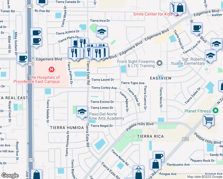 map of restaurants, bars, coffee shops, grocery stores, and more near 3136 Tierra Lima Drive in El Paso
