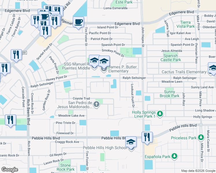 map of restaurants, bars, coffee shops, grocery stores, and more near 14437 Navajo Point Drive in El Paso