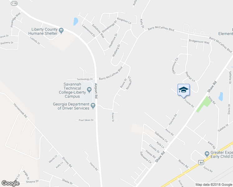 map of restaurants, bars, coffee shops, grocery stores, and more near 2358 Rowe Street in Hinesville