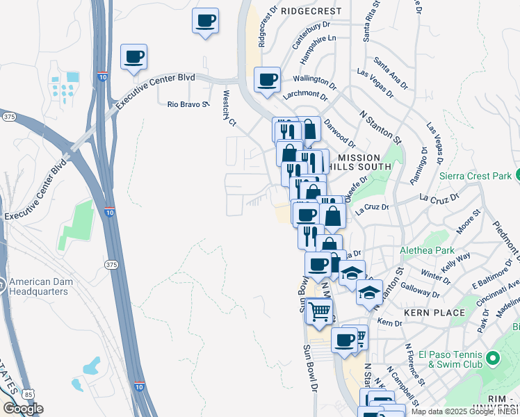 map of restaurants, bars, coffee shops, grocery stores, and more near 330 Waymore Drive in El Paso