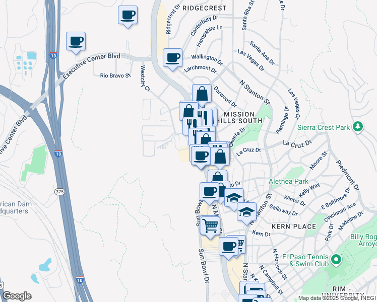 map of restaurants, bars, coffee shops, grocery stores, and more near 3917 North Mesa Street in El Paso