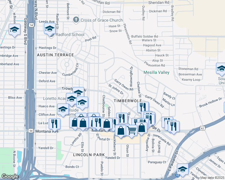 map of restaurants, bars, coffee shops, grocery stores, and more near 1421 Saint Johns Drive in El Paso