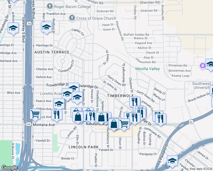 map of restaurants, bars, coffee shops, grocery stores, and more near 1421 Saint Johns Drive in El Paso