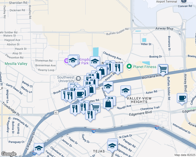 map of restaurants, bars, coffee shops, grocery stores, and more near 6211 Montana Avenue in El Paso