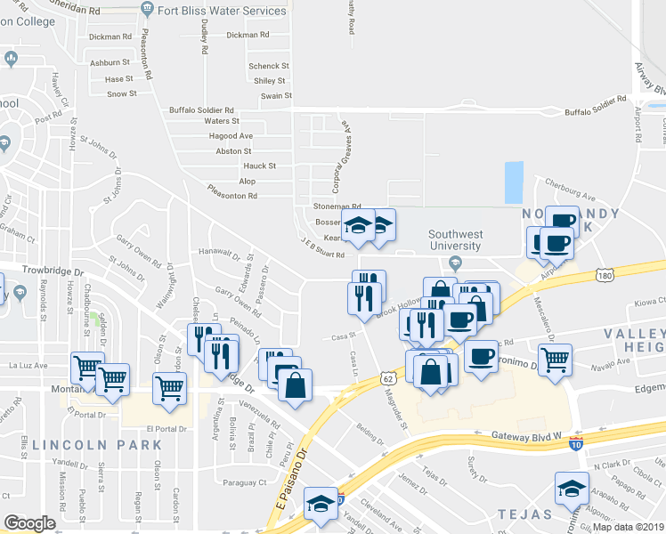 map of restaurants, bars, coffee shops, grocery stores, and more near 5815 Timberwolf Drive in El Paso