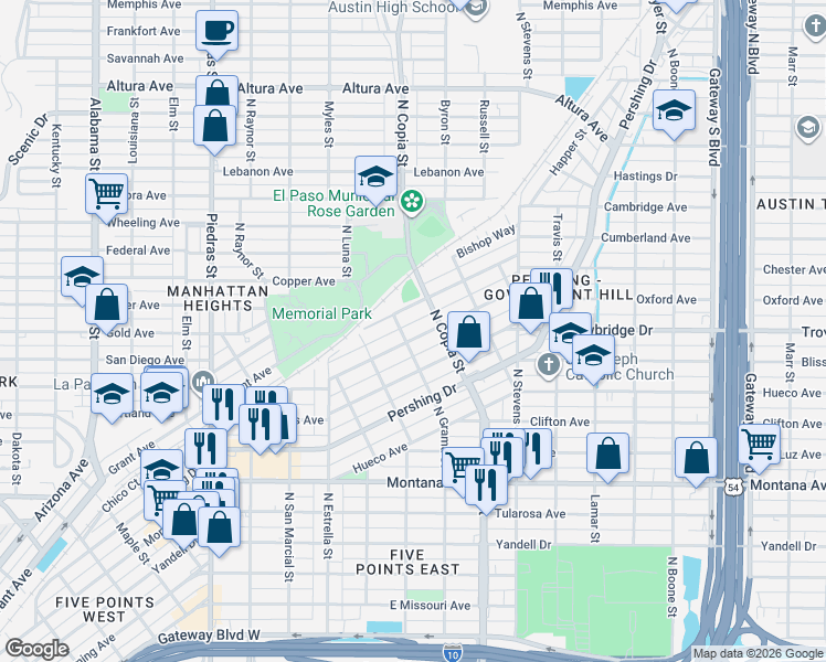 map of restaurants, bars, coffee shops, grocery stores, and more near 1410 North Grama Street in El Paso