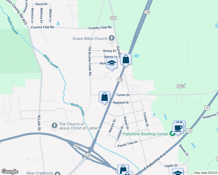 map of restaurants, bars, coffee shops, grocery stores, and more near 101 Turner Drive in Palestine