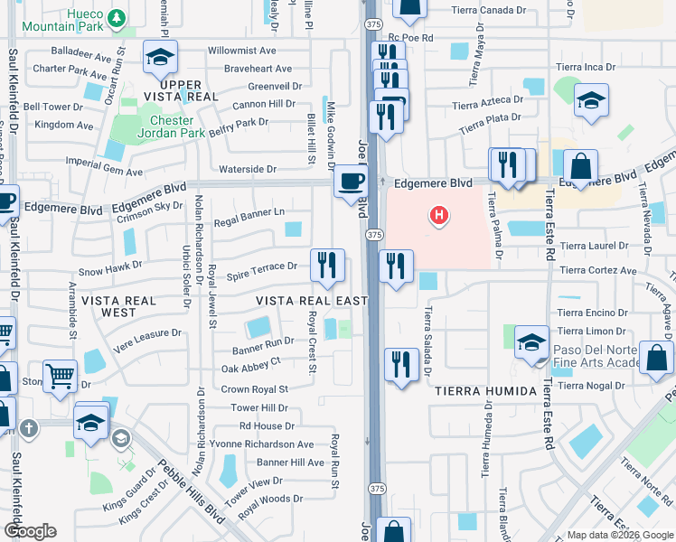 map of restaurants, bars, coffee shops, grocery stores, and more near 3249 Mike Godwin Drive in El Paso