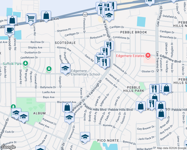 map of restaurants, bars, coffee shops, grocery stores, and more near 3230 Isla Banderas Way in El Paso