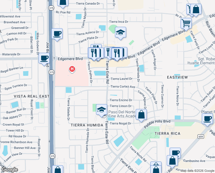 map of restaurants, bars, coffee shops, grocery stores, and more near Tierra Este Road in El Paso