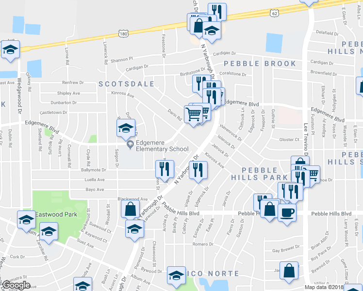 map of restaurants, bars, coffee shops, grocery stores, and more near 3223 Isla Bahia Way in El Paso