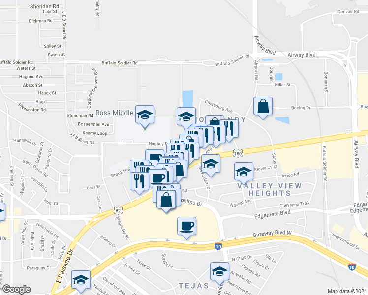 map of restaurants, bars, coffee shops, grocery stores, and more near 6201 Hughey Drive in El Paso