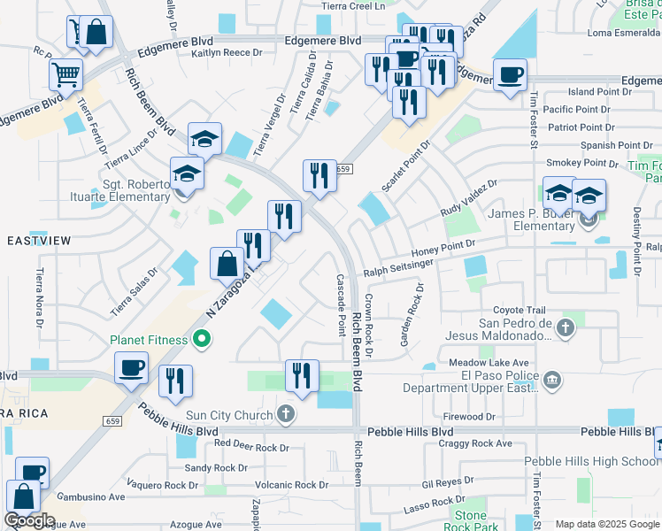 map of restaurants, bars, coffee shops, grocery stores, and more near 3220 Cascade Point in El Paso