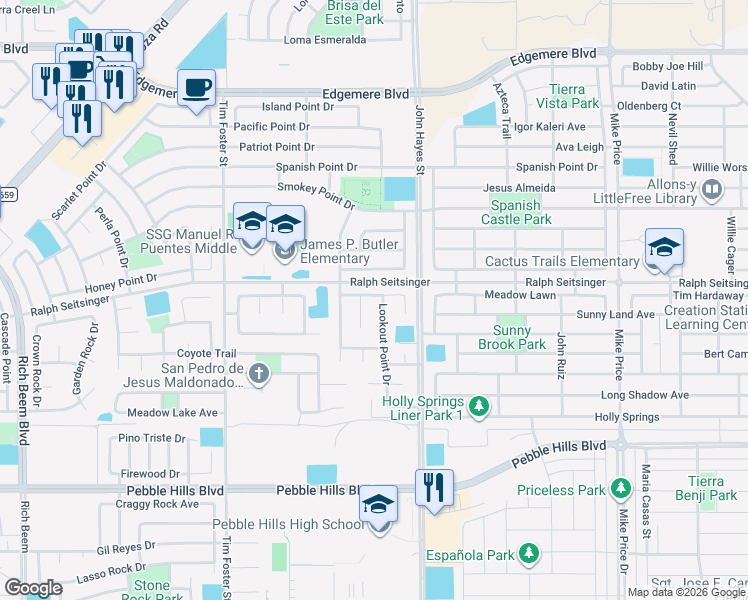 map of restaurants, bars, coffee shops, grocery stores, and more near 14424 Lacota Point Drive in El Paso