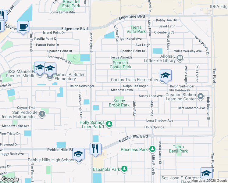 map of restaurants, bars, coffee shops, grocery stores, and more near 14568 Meadow Lawn in El Paso