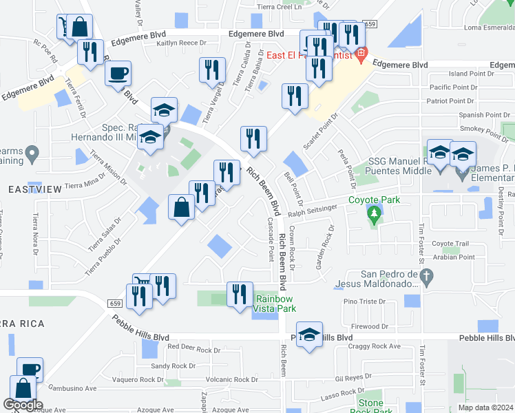 map of restaurants, bars, coffee shops, grocery stores, and more near 3133 Tunnel Point Way in El Paso