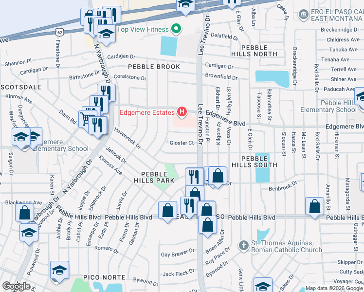 map of restaurants, bars, coffee shops, grocery stores, and more near 10831 Gloster Court in El Paso