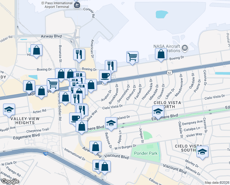 map of restaurants, bars, coffee shops, grocery stores, and more near 1507 Brookhaven Drive in El Paso