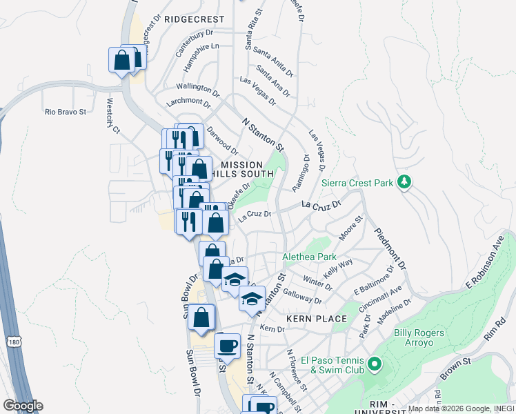 map of restaurants, bars, coffee shops, grocery stores, and more near 701 La Cruz Drive in El Paso