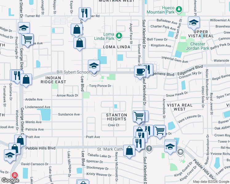 map of restaurants, bars, coffee shops, grocery stores, and more near 3319 Arroyos Place in El Paso