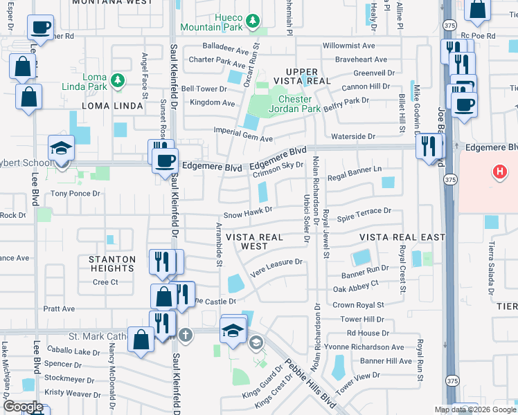 map of restaurants, bars, coffee shops, grocery stores, and more near 11853 Snow Hawk Drive in El Paso