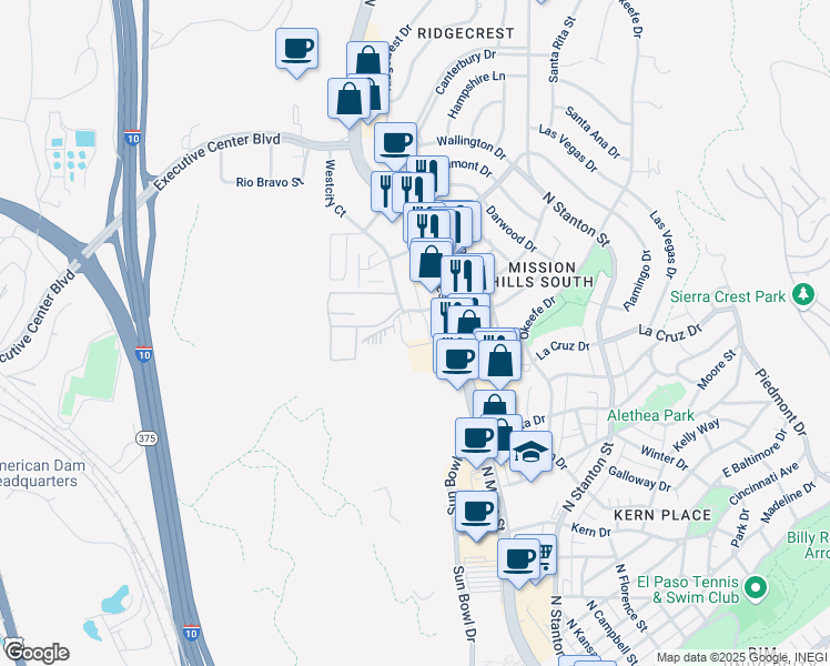 map of restaurants, bars, coffee shops, grocery stores, and more near 300 Waymore Drive in El Paso