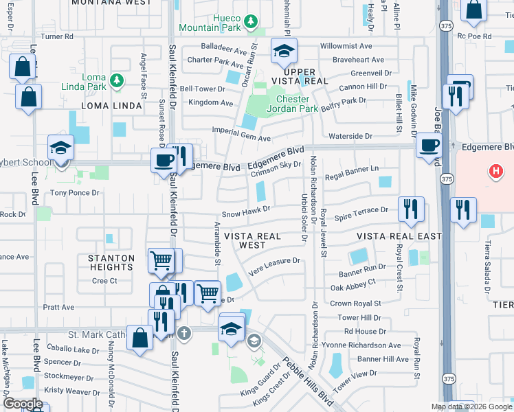 map of restaurants, bars, coffee shops, grocery stores, and more near 11853 Snow Hawk Drive in El Paso