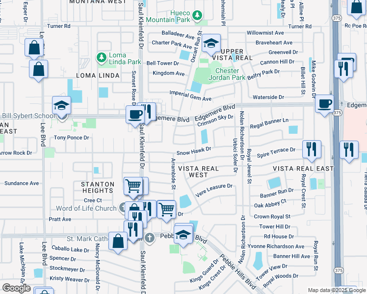 map of restaurants, bars, coffee shops, grocery stores, and more near 11809 Oxcart Run Street in El Paso