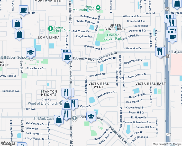 map of restaurants, bars, coffee shops, grocery stores, and more near 11809 Oxcart Run Street in El Paso