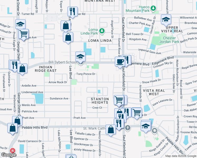 map of restaurants, bars, coffee shops, grocery stores, and more near 3319 Arroyos Place in El Paso