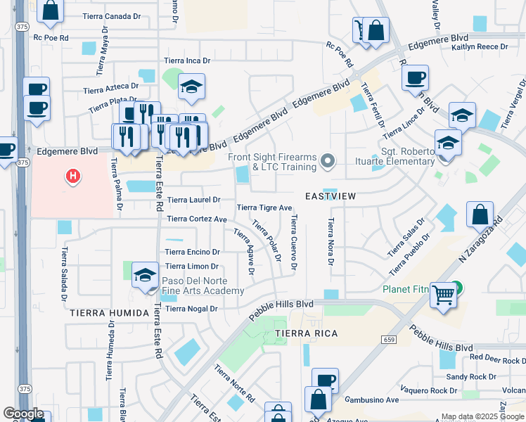 map of restaurants, bars, coffee shops, grocery stores, and more near 12632 Tierra Tigre Avenue in El Paso