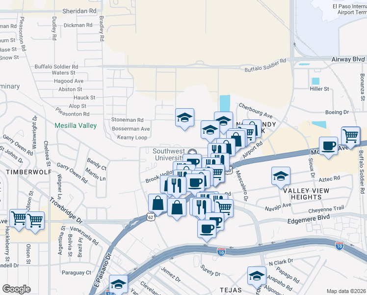 map of restaurants, bars, coffee shops, grocery stores, and more near 6201 Hughey Circle in El Paso