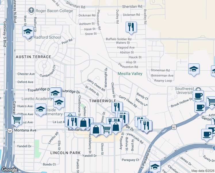 map of restaurants, bars, coffee shops, grocery stores, and more near 1612 Wainwright Drive in El Paso