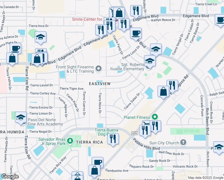 map of restaurants, bars, coffee shops, grocery stores, and more near 12716 Tierra Sonora Drive in El Paso