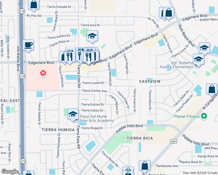map of restaurants, bars, coffee shops, grocery stores, and more near 3209 Tierra Nevada Drive in El Paso