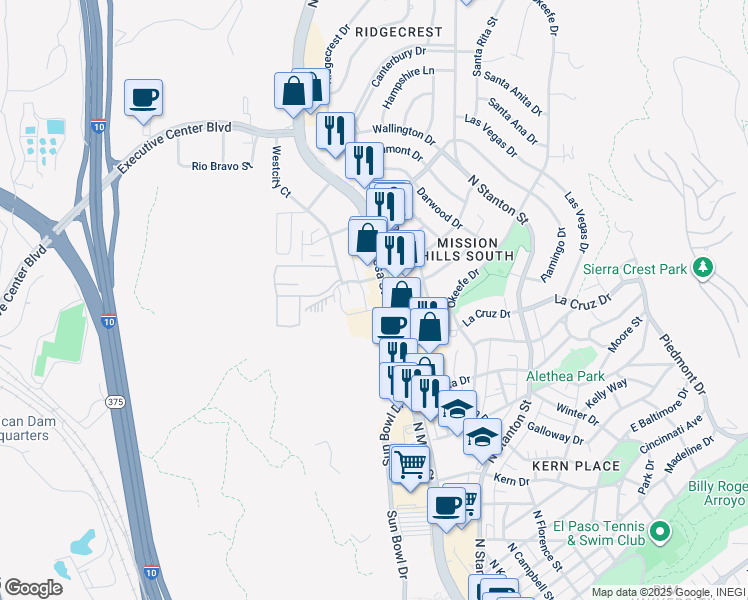 map of restaurants, bars, coffee shops, grocery stores, and more near 4025 North Mesa Street in El Paso