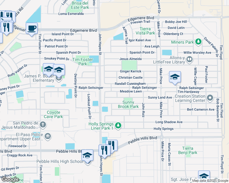 map of restaurants, bars, coffee shops, grocery stores, and more near 14508 Meadow Lawn in El Paso