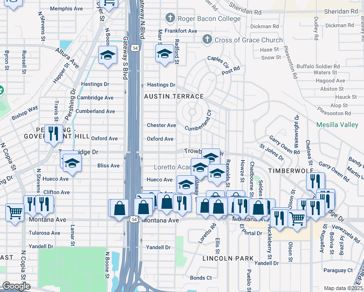 map of restaurants, bars, coffee shops, grocery stores, and more near 1514 Radford Street in El Paso