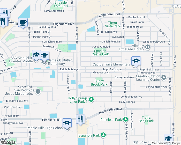 map of restaurants, bars, coffee shops, grocery stores, and more near Meadow Lawn in El Paso